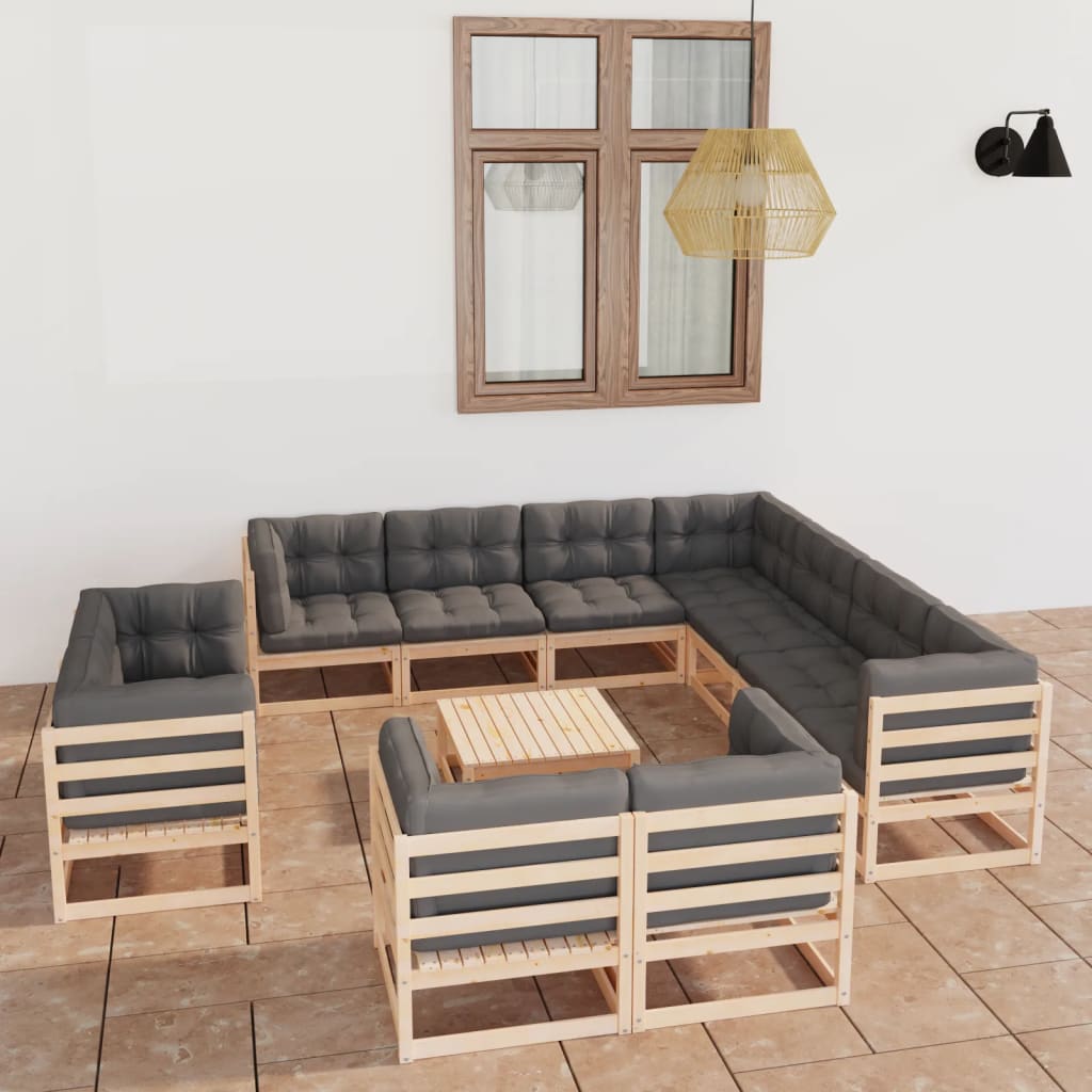 12-tlg. Garten-Lounge-Set mit Kissen Kiefer Massivholz